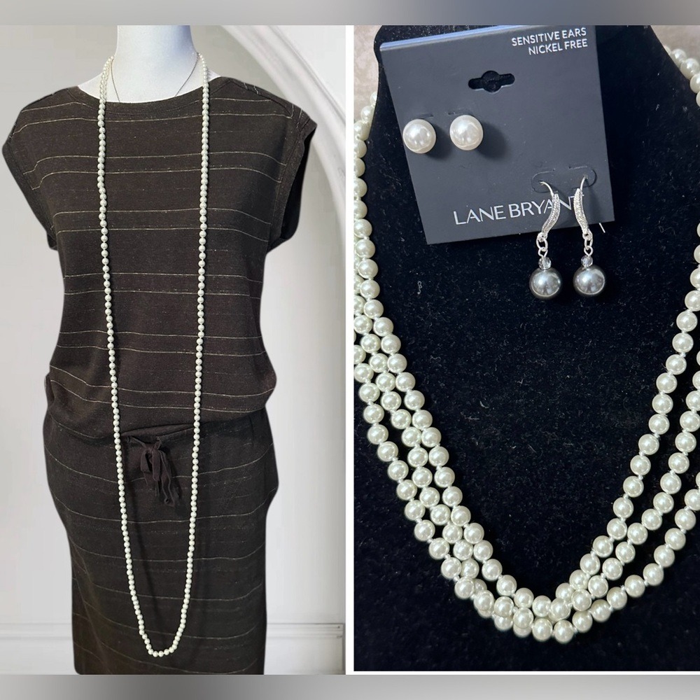 Vintage Joan Rivers 70" Endless Faux-Pearl Necklace + Lane Bryant Pearl Earrings